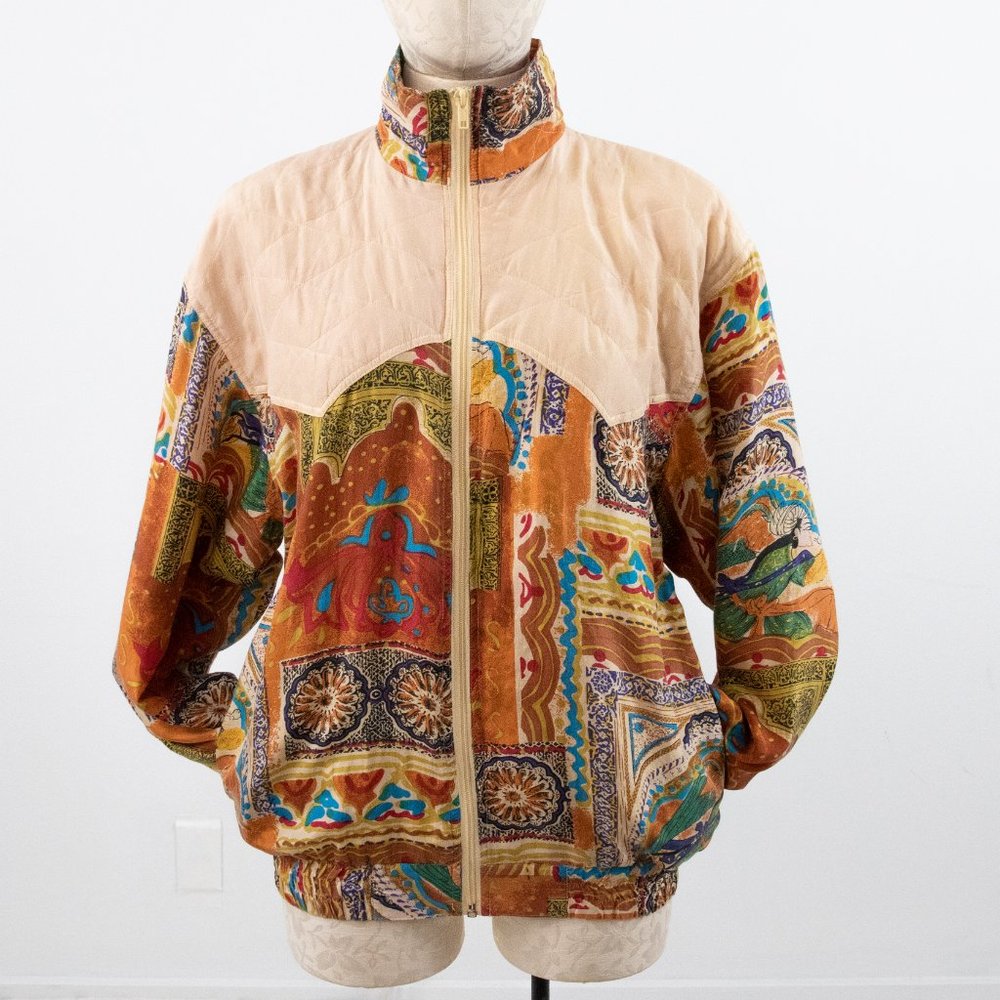 Vintage 80s M Silk Jams Print Bomber Jacket Tan